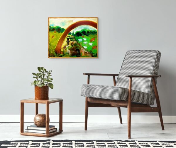 Original Danish oil painting, naive landscape, folk art style, wall art