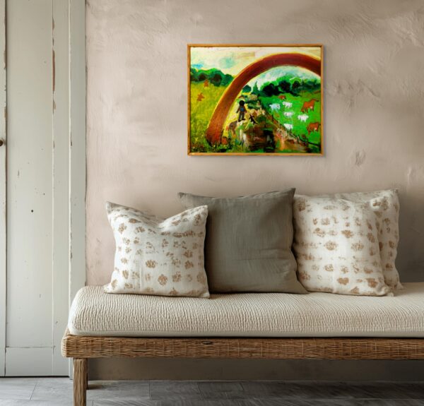 Original Danish oil painting, naive landscape, folk art style, wall art