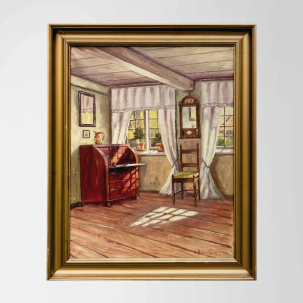 Original Danish oil painting, farmhouse interior, Mid Century, Scandinavian wall art