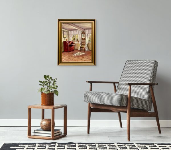 Original Danish oil painting, farmhouse interior, Mid Century, Scandinavian wall art