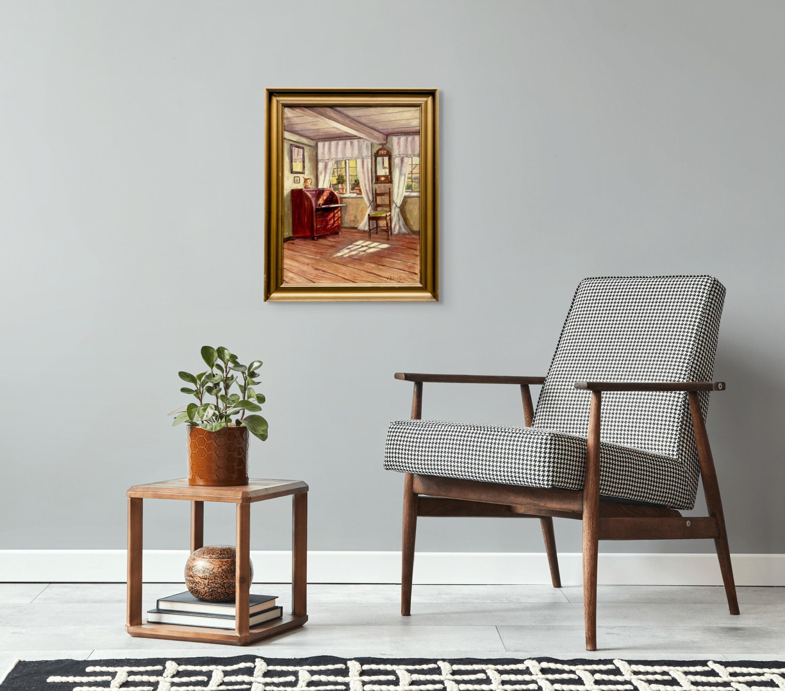 Original Danish oil painting, farmhouse interior, Mid Century, Scandinavian wall art - Image 2