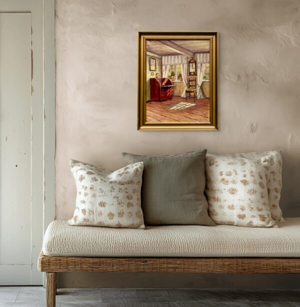 Original Danish oil painting, farmhouse interior, Mid Century, Scandinavian wall art