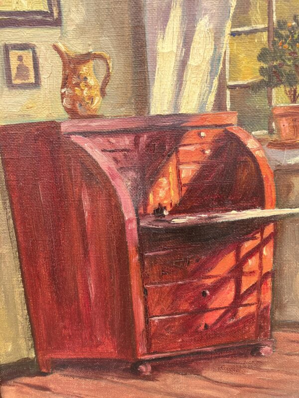 Original Danish oil painting, farmhouse interior, Mid Century, Scandinavian wall art