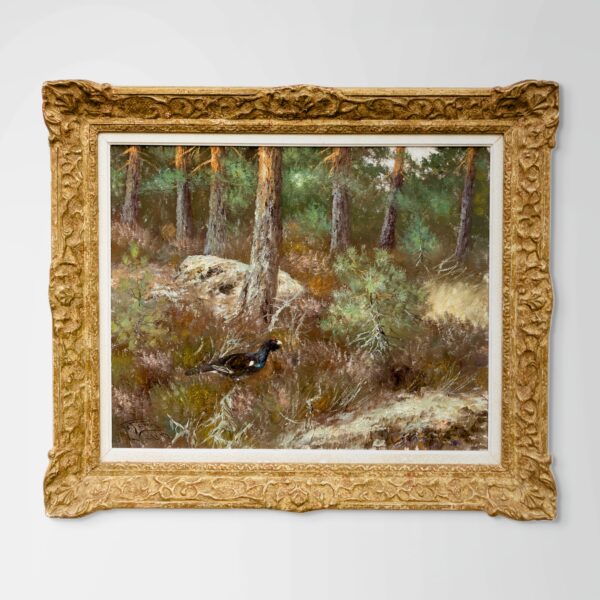 Original Swedish oil painting, Forest grouse scene, Mid Century, wall art decor