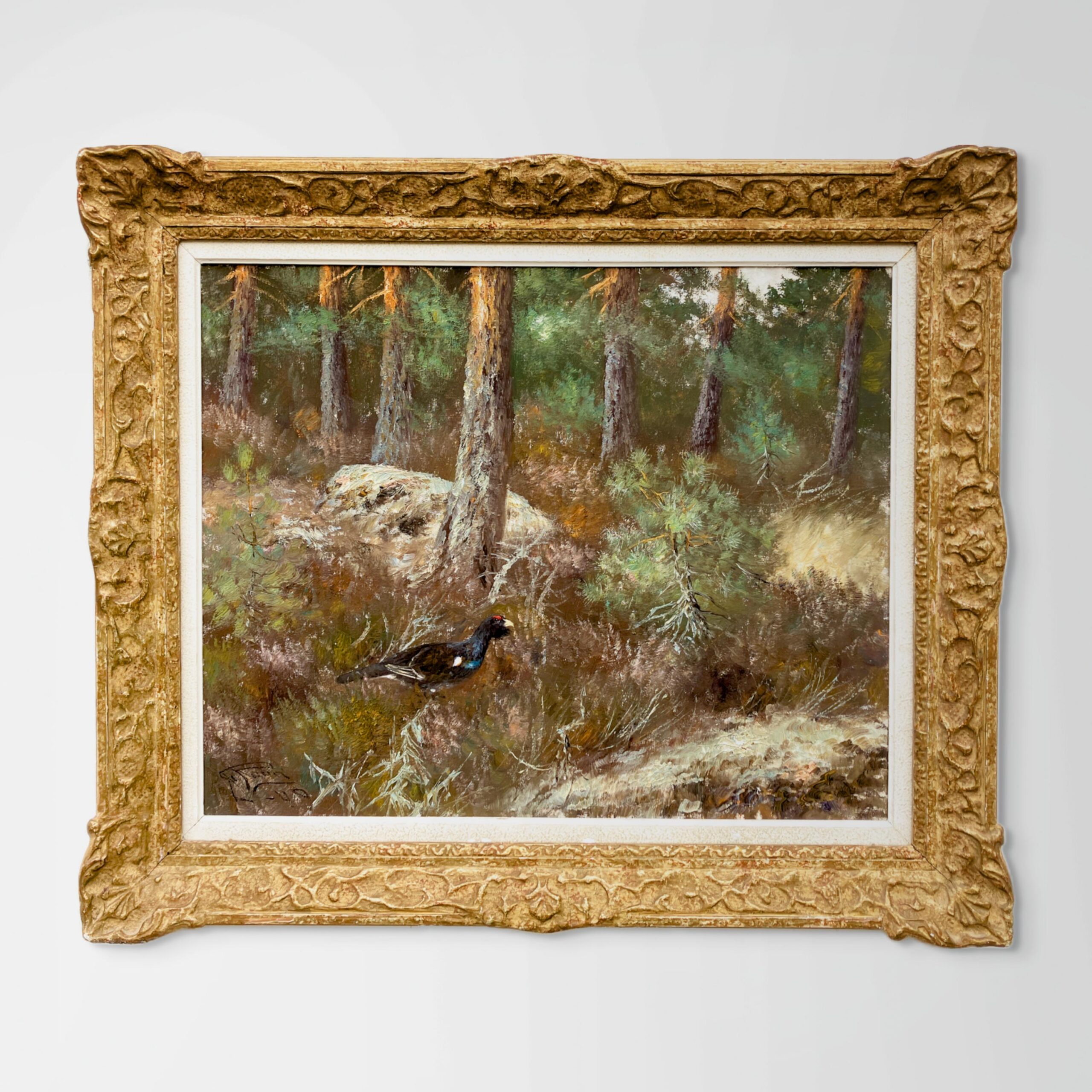 Original Swedish oil painting, Forest grouse scene, Mid Century, wall art decor - Image 1