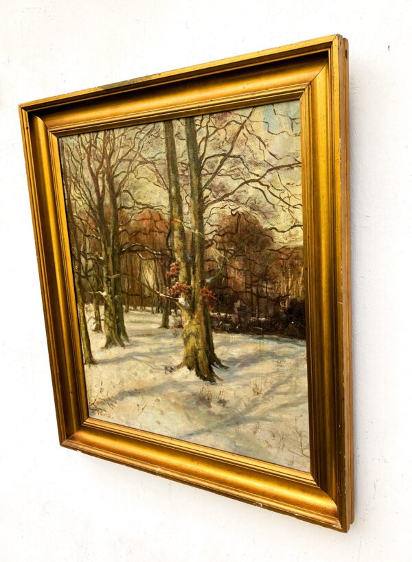 Original Danish oil painting, winter forest, 1930s, Scandinavian wall art