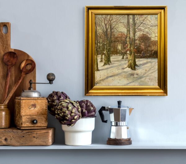 Original Danish oil painting, winter forest, 1930s, Scandinavian wall art