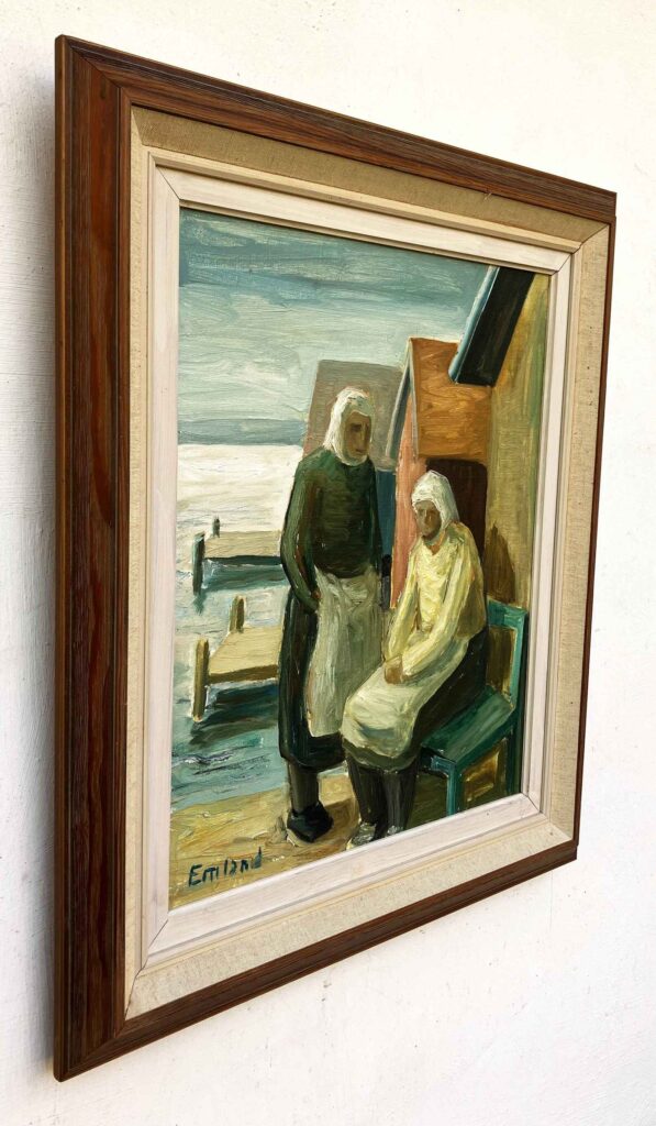 Original Swedish oil painting, fisherwomen seaside, Mid Century, Scandinavian wall art