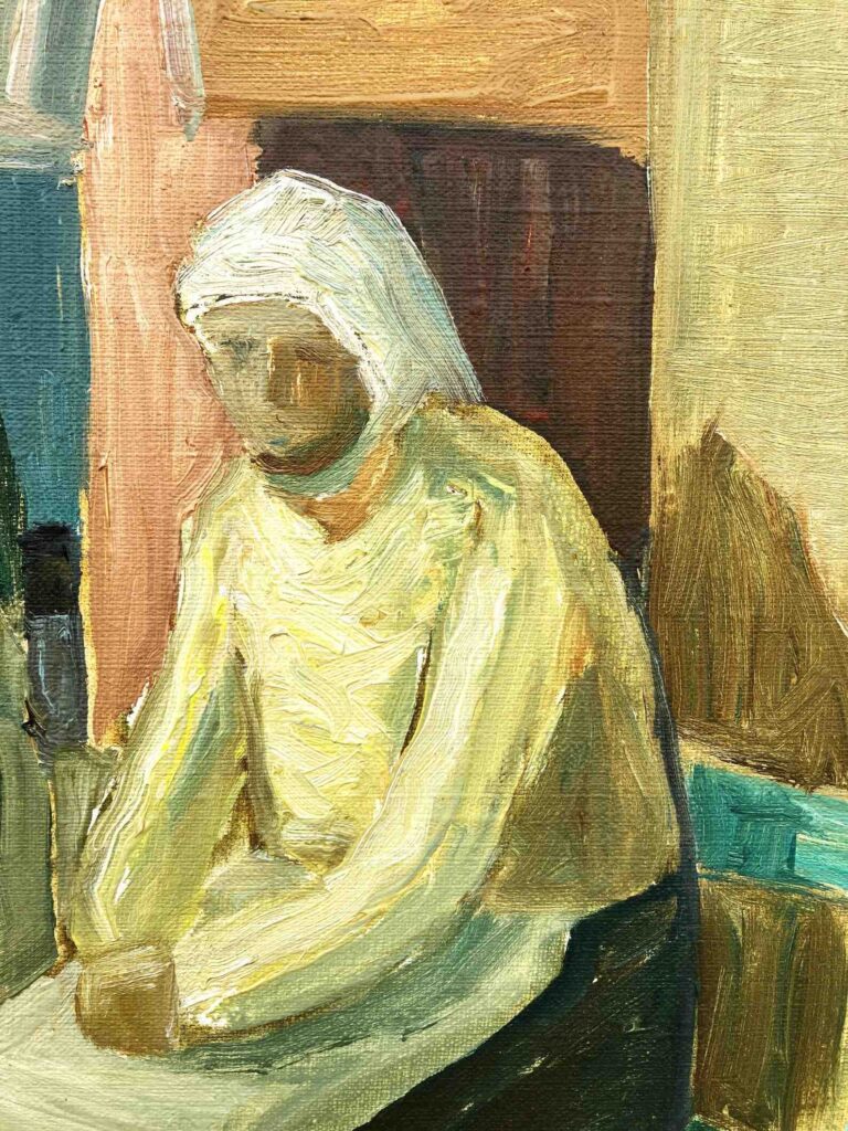 Original Swedish oil painting, fisherwomen seaside, Mid Century, Scandinavian wall art