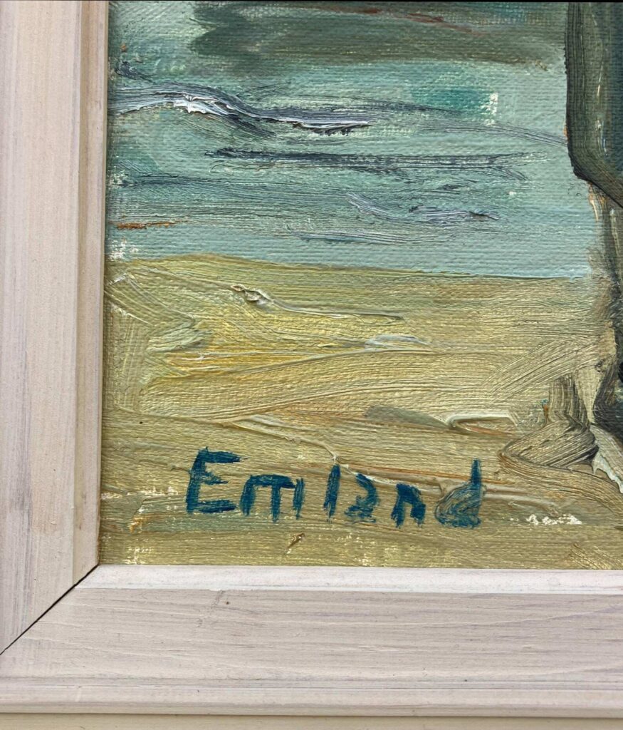 Original Swedish oil painting, fisherwomen seaside, Mid Century, Scandinavian wall art