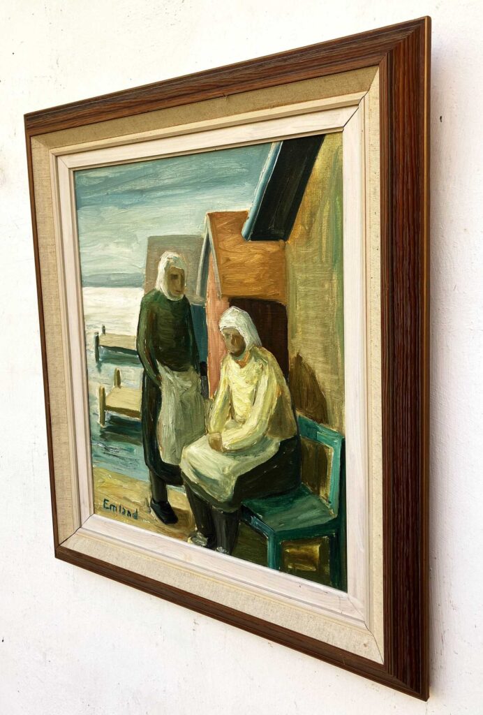 Original Swedish oil painting, fisherwomen seaside, Mid Century, Scandinavian wall art