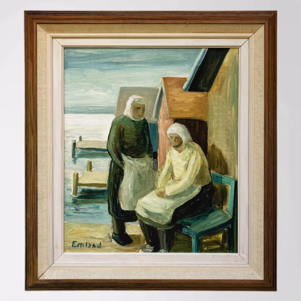 Original Swedish oil painting, fisherwomen seaside, Mid Century, Scandinavian wall art