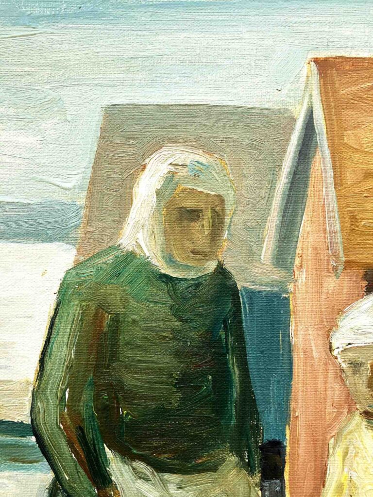 Original Swedish oil painting, fisherwomen seaside, Mid Century, Scandinavian wall art